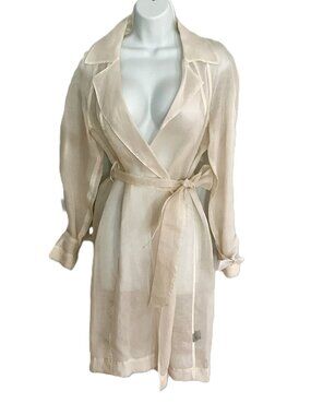 Carmen Marc Valvo Sheer Silk Organza Beige Belted Coat Size S China